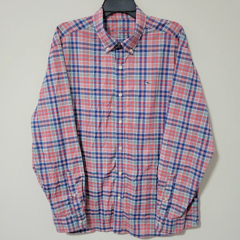 Vineyard Vines Performance Classic Fit Button Down Plaid Shirt Mens XL Blue Red